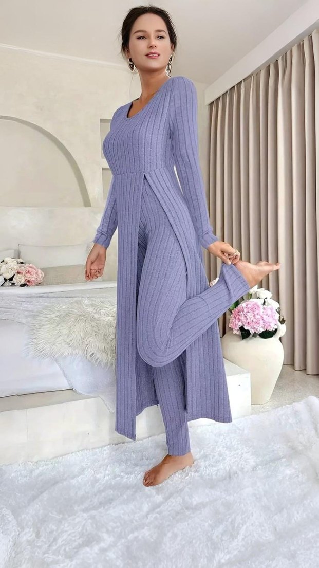 Gri Uzun Kollu Rahat Kadın Pijama Takımı - Görsel 4