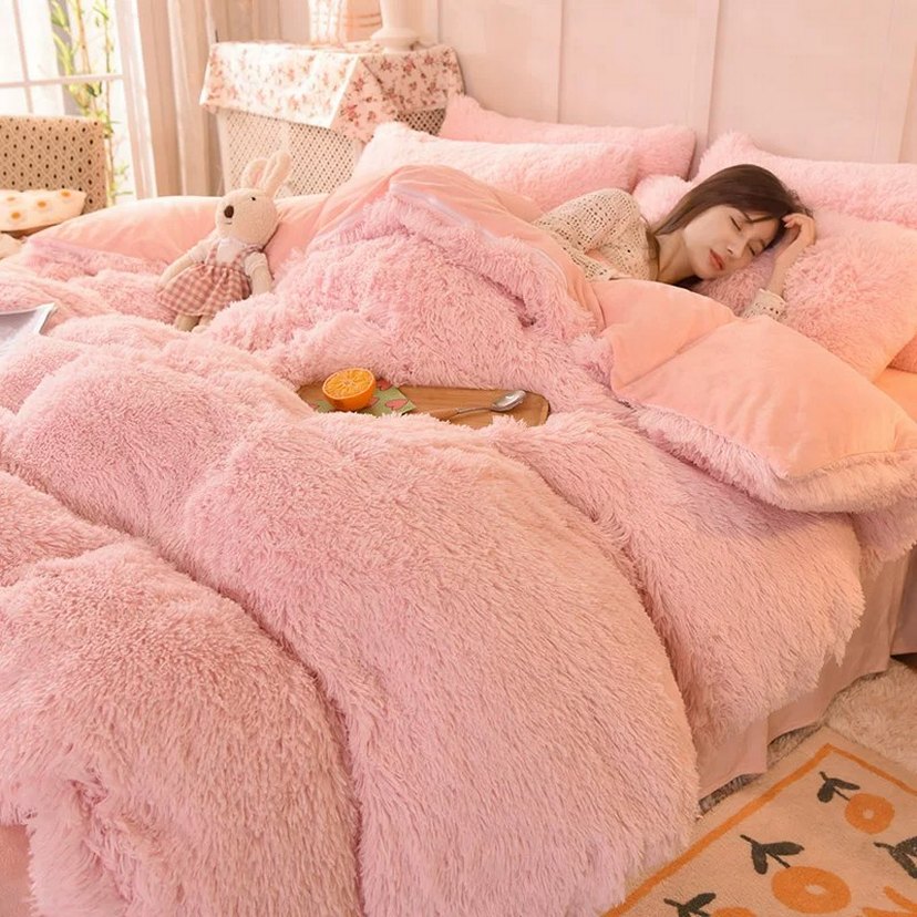 Pembe Yumuşak Peluş Yatak Örtüsü Seti - Görsel 2