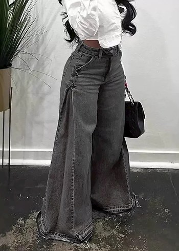 Kadın Gri Bol Kesim Midi Kot Pantolon - Görsel 2