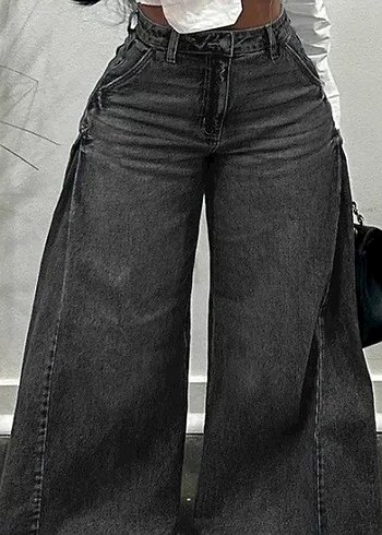 Kadın Gri Bol Kesim Midi Kot Pantolon - Görsel 3