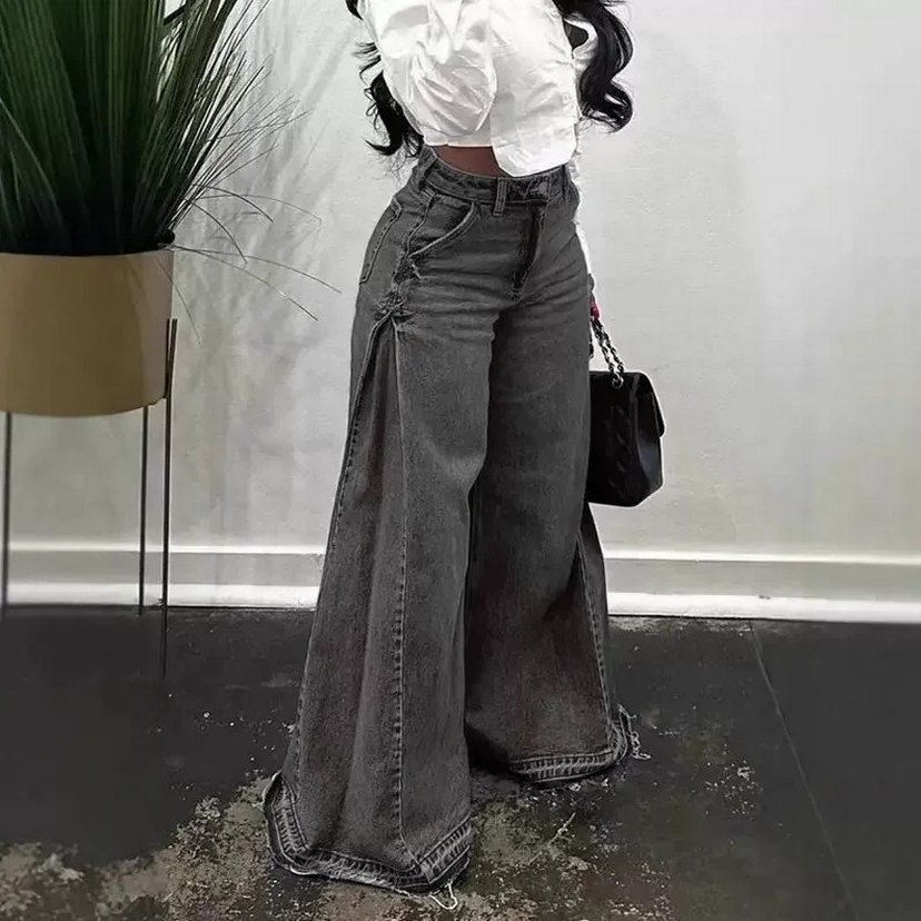 Kadın Gri Bol Kesim Midi Kot Pantolon - Görsel 2