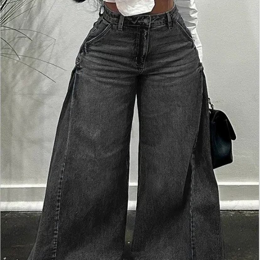 Kadın Gri Bol Kesim Midi Kot Pantolon - Görsel 3