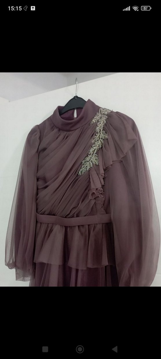 Drapeli Mor Uzun Kollu Abiye Elbise - Görsel 3