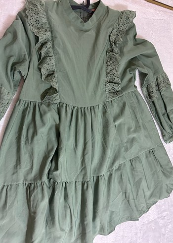 Uzun Kollu Fırfırlı Yeşil Bohem Tunik - Görsel 2