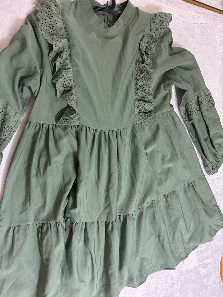 Uzun Kollu Fırfırlı Yeşil Bohem Tunik - Görsel 2