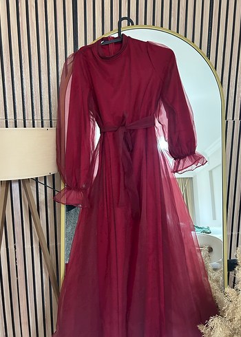 Bordo Uzun Kollu Drapeli Kadın Elbise - Görsel 6
