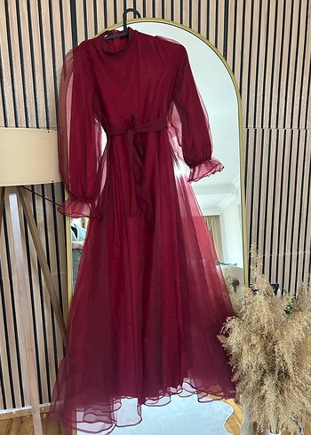 Bordo Uzun Kollu Drapeli Kadın Elbise - Görsel 3