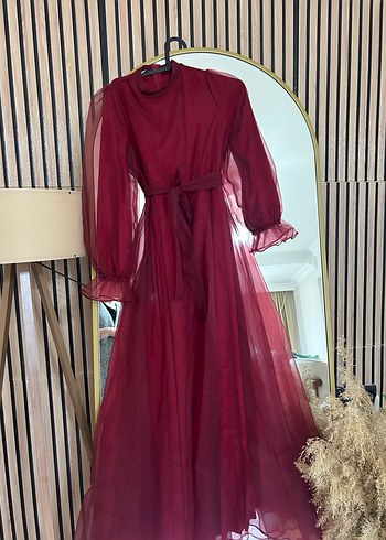 Bordo Uzun Kollu Drapeli Kadın Elbise - Görsel 5
