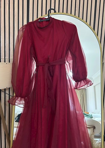 Bordo Uzun Kollu Drapeli Kadın Elbise - Görsel 4