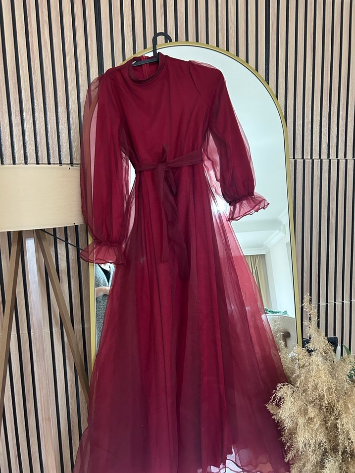 Bordo Uzun Kollu Drapeli Kadın Elbise - Görsel 5