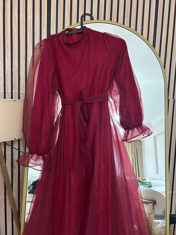 Bordo Uzun Kollu Drapeli Kadın Elbise - Görsel 4