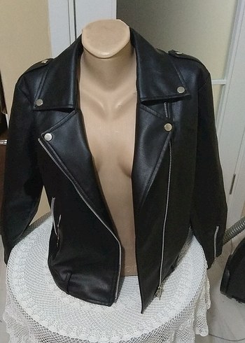 Diğer Siyah Deri Biker Ceket Mini Kesim