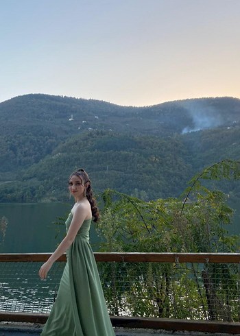 Drapeli Uzun Straplez Kadın Abiye Elbise - Görsel 4