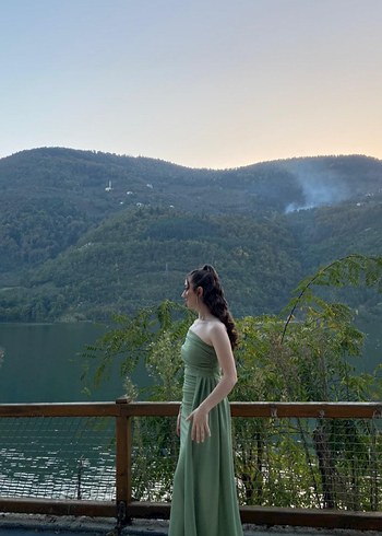 Drapeli Uzun Straplez Kadın Abiye Elbise - Görsel 2