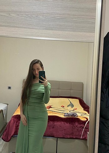 Drapeli Uzun Straplez Kadın Abiye Elbise - Görsel 5