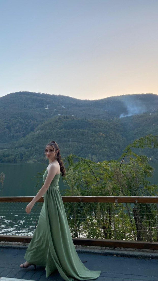 Drapeli Uzun Straplez Kadın Abiye Elbise - Görsel 4