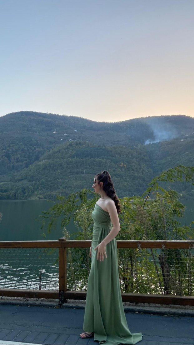 Drapeli Uzun Straplez Kadın Abiye Elbise - Görsel 2