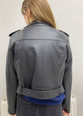 siyah Kadın Deri Biker Ceket - Görsel 3