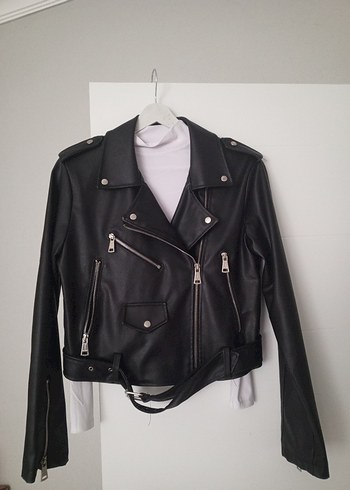 siyah Kadın Deri Biker Ceket - Görsel 4