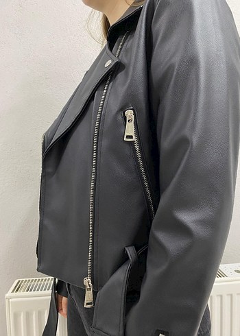 siyah Kadın Deri Biker Ceket - Görsel 2