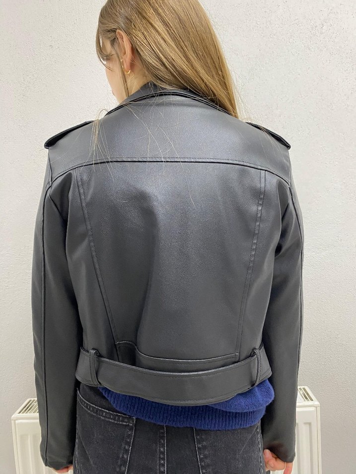 siyah Kadın Deri Biker Ceket - Görsel 3