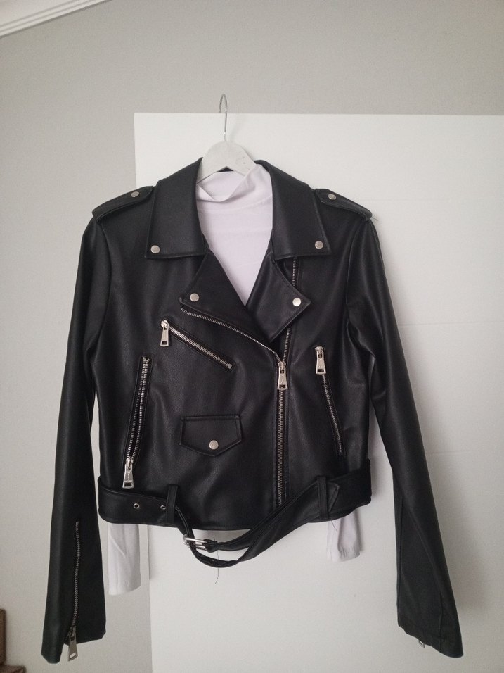 siyah Kadın Deri Biker Ceket - Görsel 4