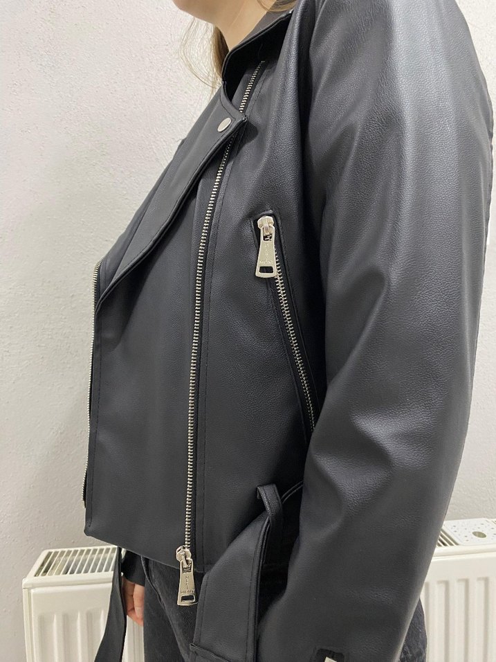 siyah Kadın Deri Biker Ceket - Görsel 2