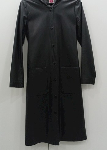 Düğmeli Siyah Deri Kadın Yağmurluk - Görsel 2