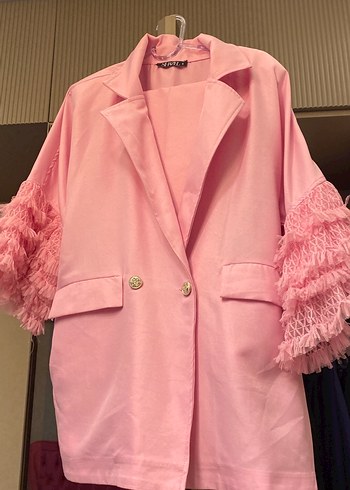 s Beden Pudra Püsküllü Düğmeli Kadın Blazer