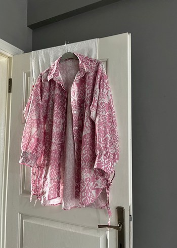 Pembe Bohem Uzun Kollu Salaş Keten Gömlek