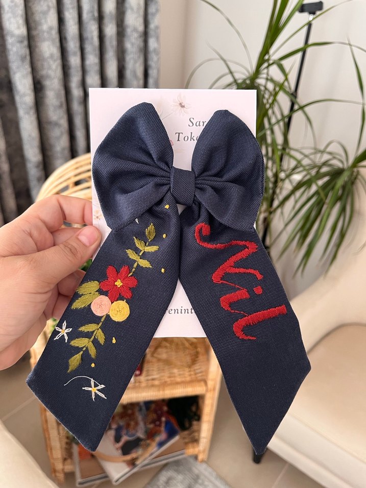 Çiçekli ve Nakışlı Lacivert Kurdele - Görsel 2