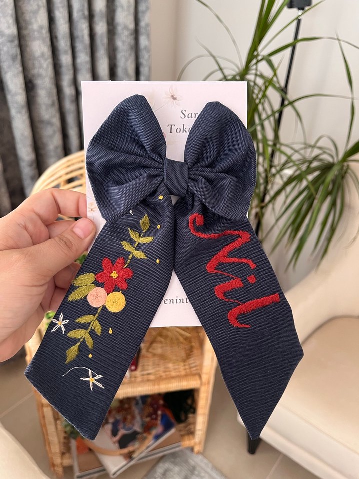 Çiçekli ve Nakışlı Lacivert Kurdele - Görsel 3