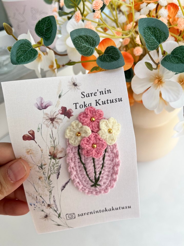 Pembe Çiçekli Örgü Saç Tokası - Görsel 3