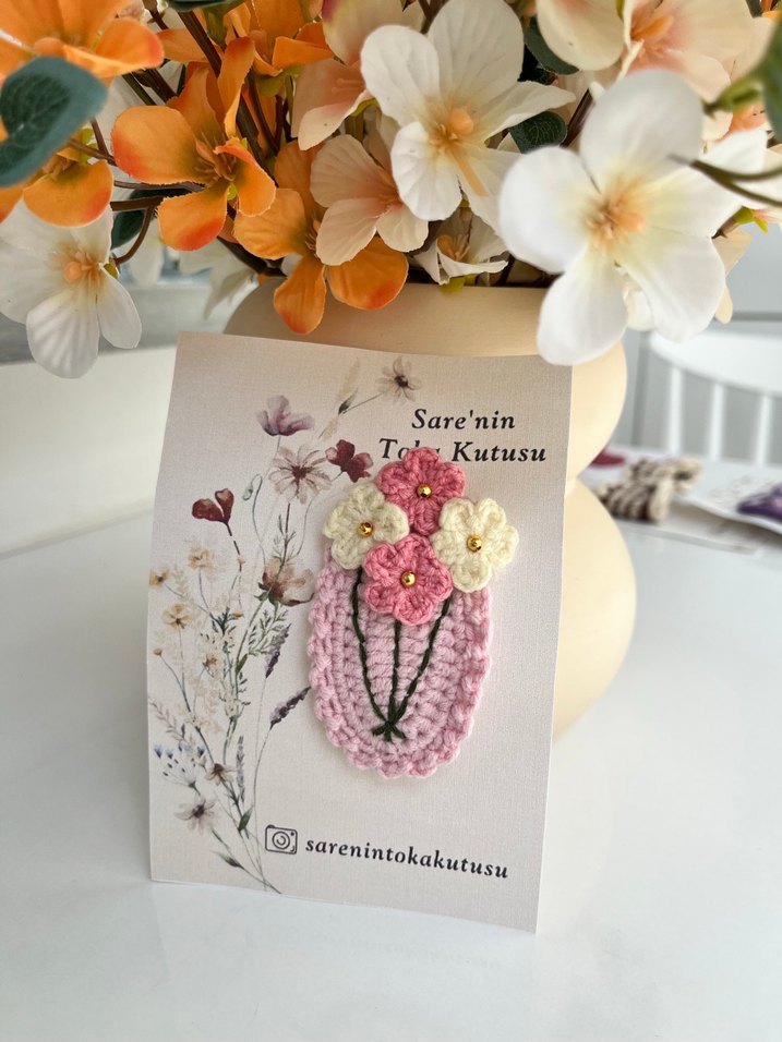 Pembe Çiçekli Örgü Saç Tokası - Görsel 2