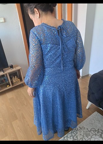 48 Beden mavi Renk Dantel Detaylı Mavi Midi Abiye Elbise