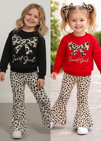 2/5 yaş leoparlı Siyah Kız Çocuk Takım - Görsel 3