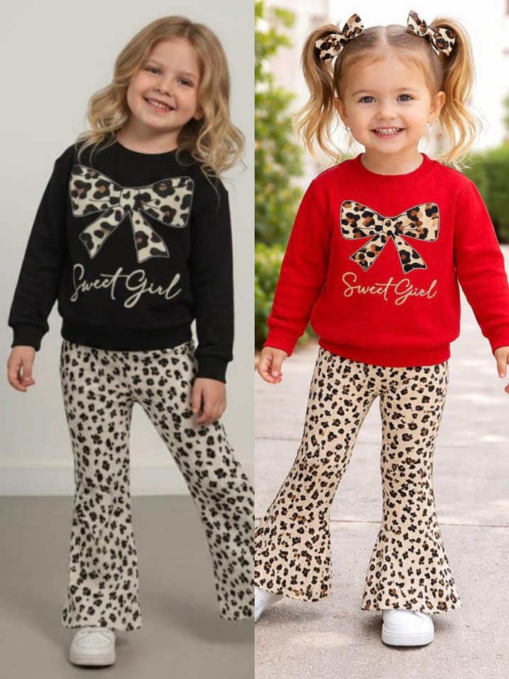 2/5 yaş leoparlı Siyah Kız Çocuk Takım - Görsel 3