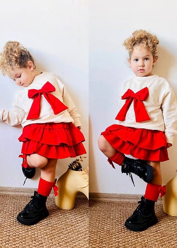 6/12 yaş Kız Çocuk Kırmızı Fiyonklu takım - Görsel 2