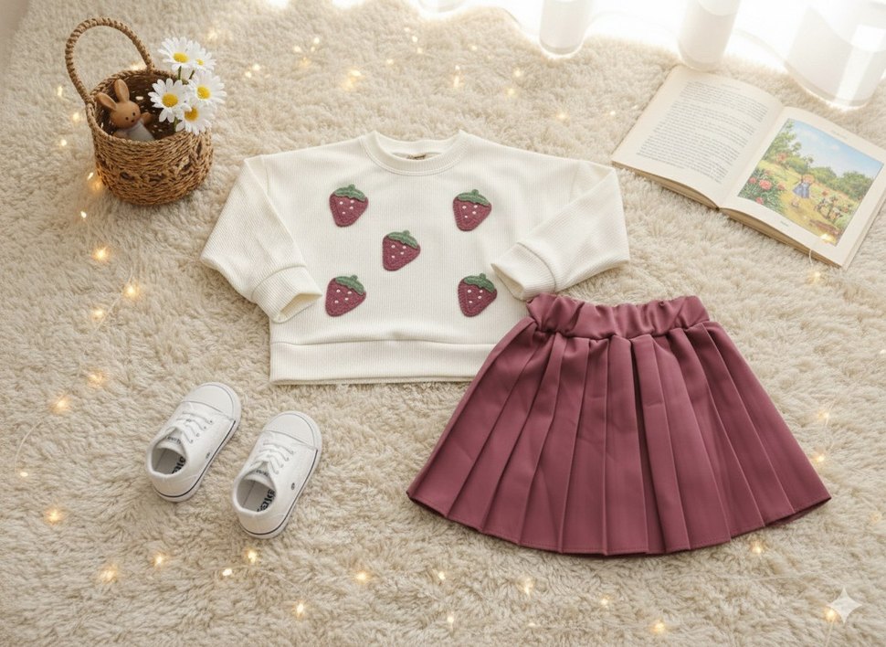 2/7 yaş Pembe Nakışlı Örgü Kız Etekli takım - Görsel 2