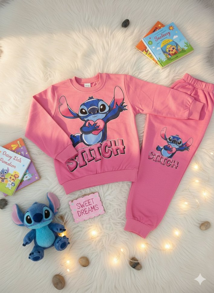 4/8 yaş Kız Çocuk Pembe Baskılı Rahat Eşofman Takımı - Görsel 2