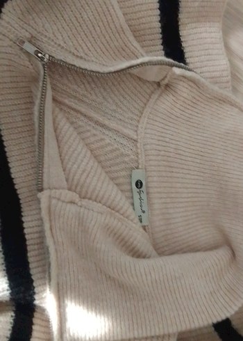 Yüksek Yakalı Çizgili Örgü Kadın Kazak std beden rahat kesim - Görsel 2