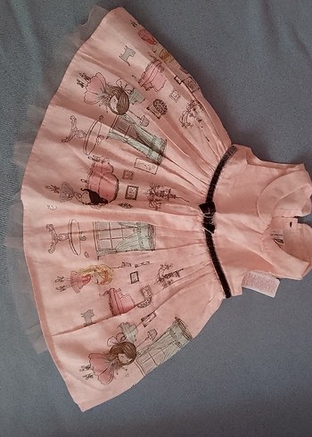 Kemerli, baskılı, pembe kız elbisesi