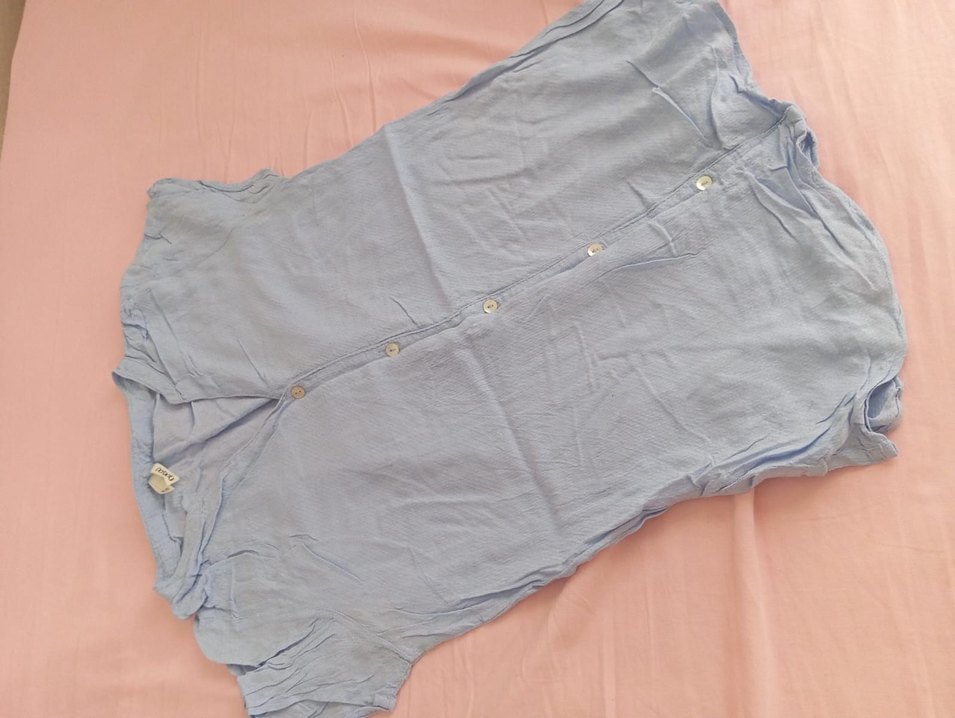 Mavi Keten Düğmeli Kadın Gömlek - Görsel 2