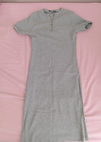 Gri Kısa Kollu Fermuarlı Kadın elbise - Görsel 2