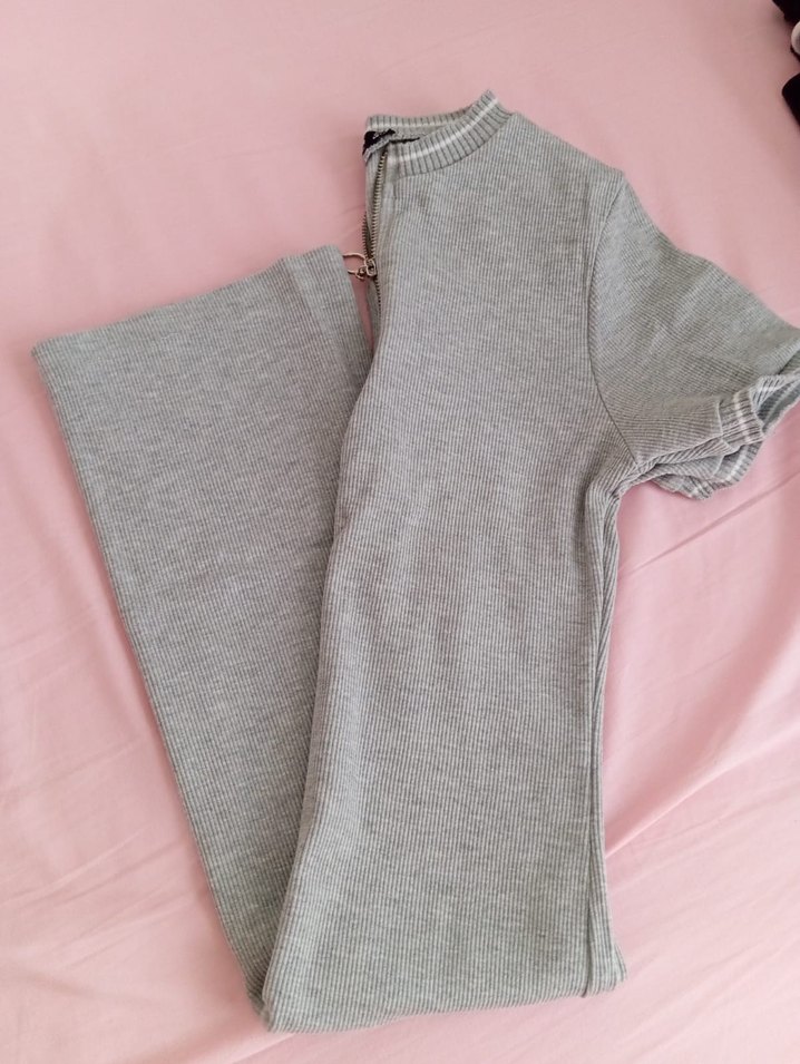 Gri Kısa Kollu Fermuarlı Kadın elbise - Görsel 3