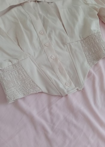 Bej Keten Düğmeli Kısa Kollu gömlek - Görsel 2
