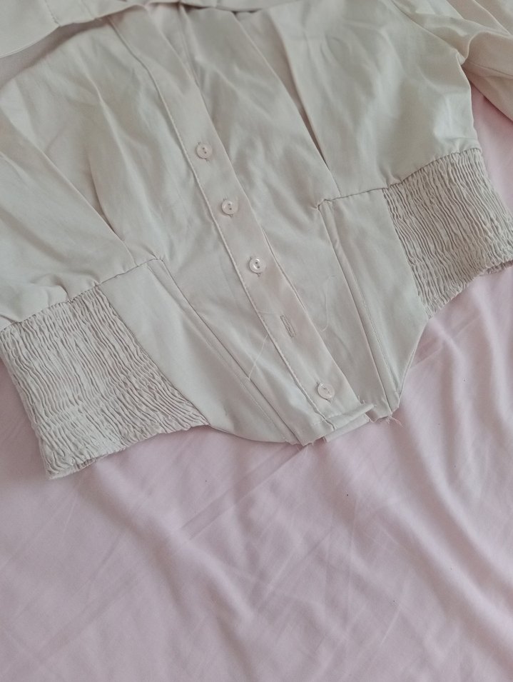 Bej Keten Düğmeli Kısa Kollu gömlek - Görsel 2