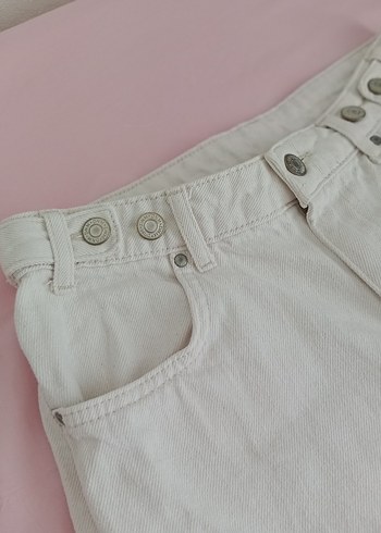 Düğmeli Beyaz bej Pamuklu Kadın Midi Jean - Görsel 2