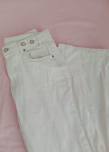 Düğmeli Beyaz bej Pamuklu Kadın Midi Jean - Görsel 3