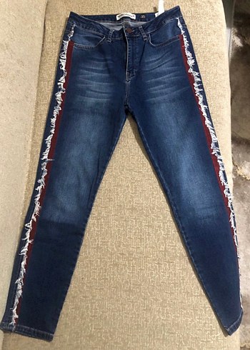 Şeritli Lacivert Kadın Kot Pantolon - Görsel 3